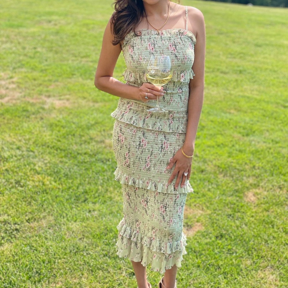 MABLE Floral Green Ruffle Dress